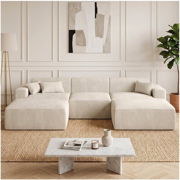 skølm Sofa Freki aus Cord, Vollschaumcouch mit Federkern und Vakuum-Kompression, Beige, Couch 3 Sitzer mit 2 Hocker und 3 Kissen, kein Aufbau erforderlich, 319 