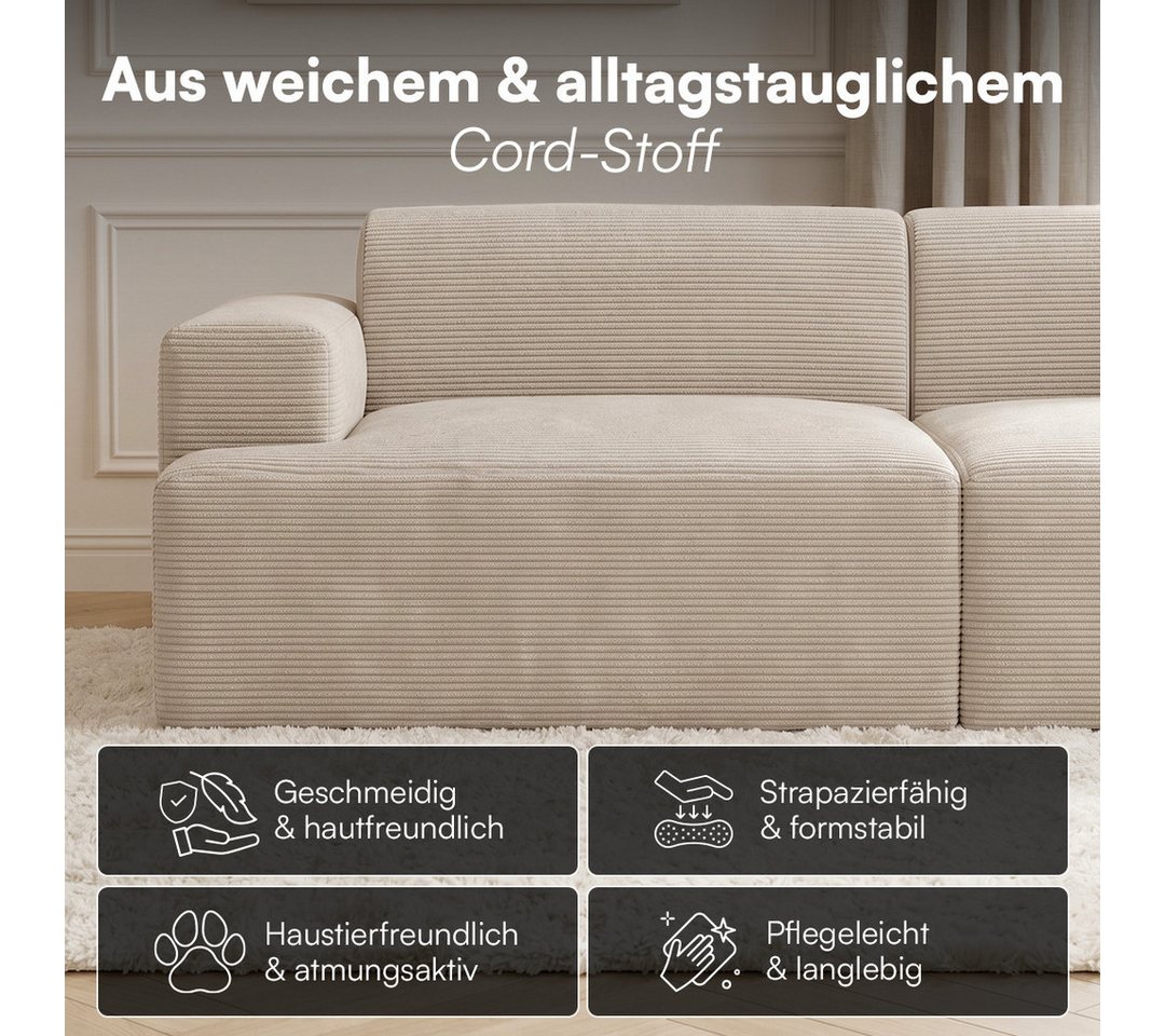 skølm Sofa Freki aus Cord, Vollschaumcouch mit Federkern und Vakuum-Kompression, Beige, Couch 3 Sitzer mit 2 Hocker und 3 Kissen, kein Aufbau erforderlich, 319  – Bild 3 von 5