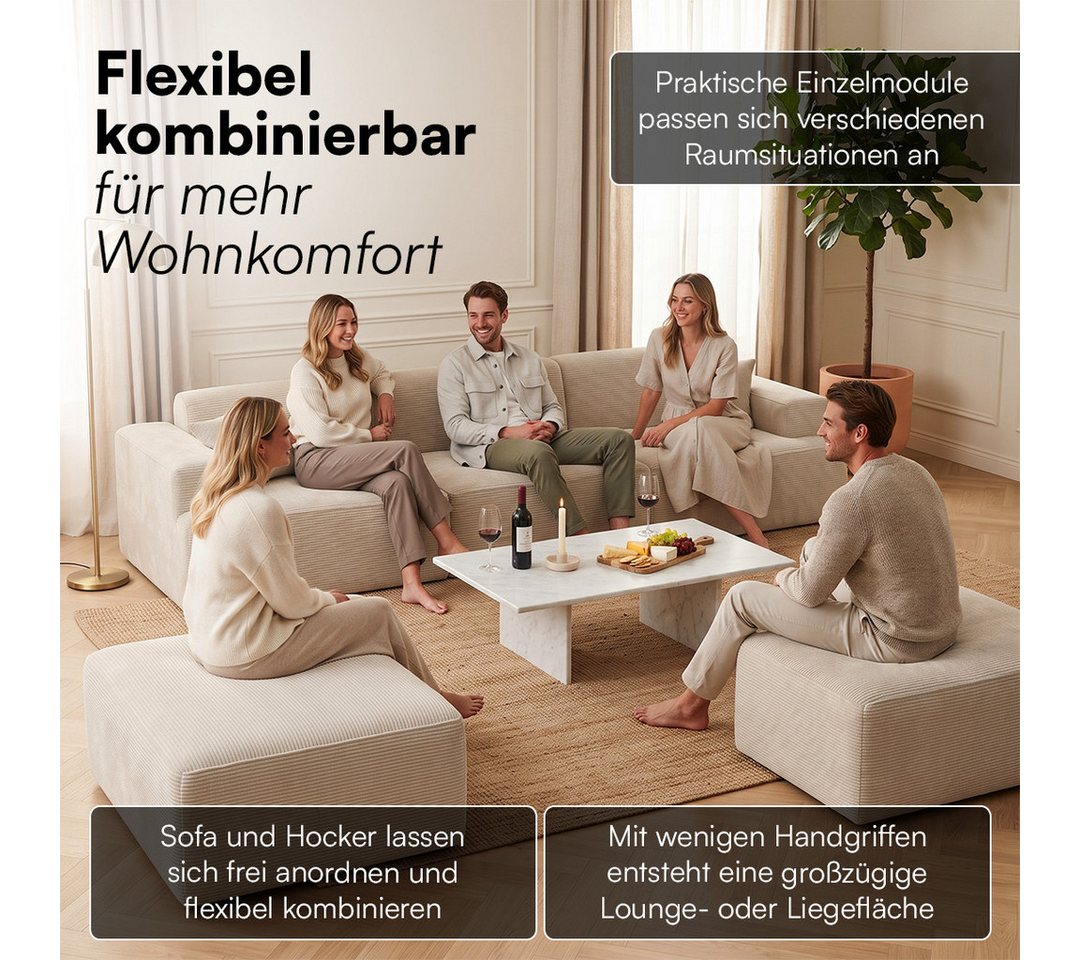 skølm Sofa Freki aus Cord, Vollschaumcouch mit Federkern und Vakuum-Kompression, Beige, Couch 3 Sitzer mit 2 Hocker und 3 Kissen, kein Aufbau erforderlich, 319  – Bild 5 von 5