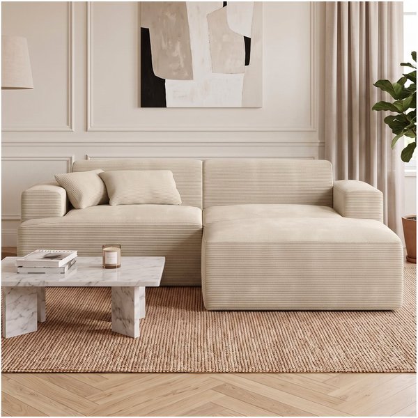 skølm Sofa Freki aus Cord, Vollschaumcouch mit Federkern und Vakuum-Kompression, Beige, Couch 2 Sitzer mit Hocker und 2 Kissen, kein Aufbau erforderlich, 230 cm