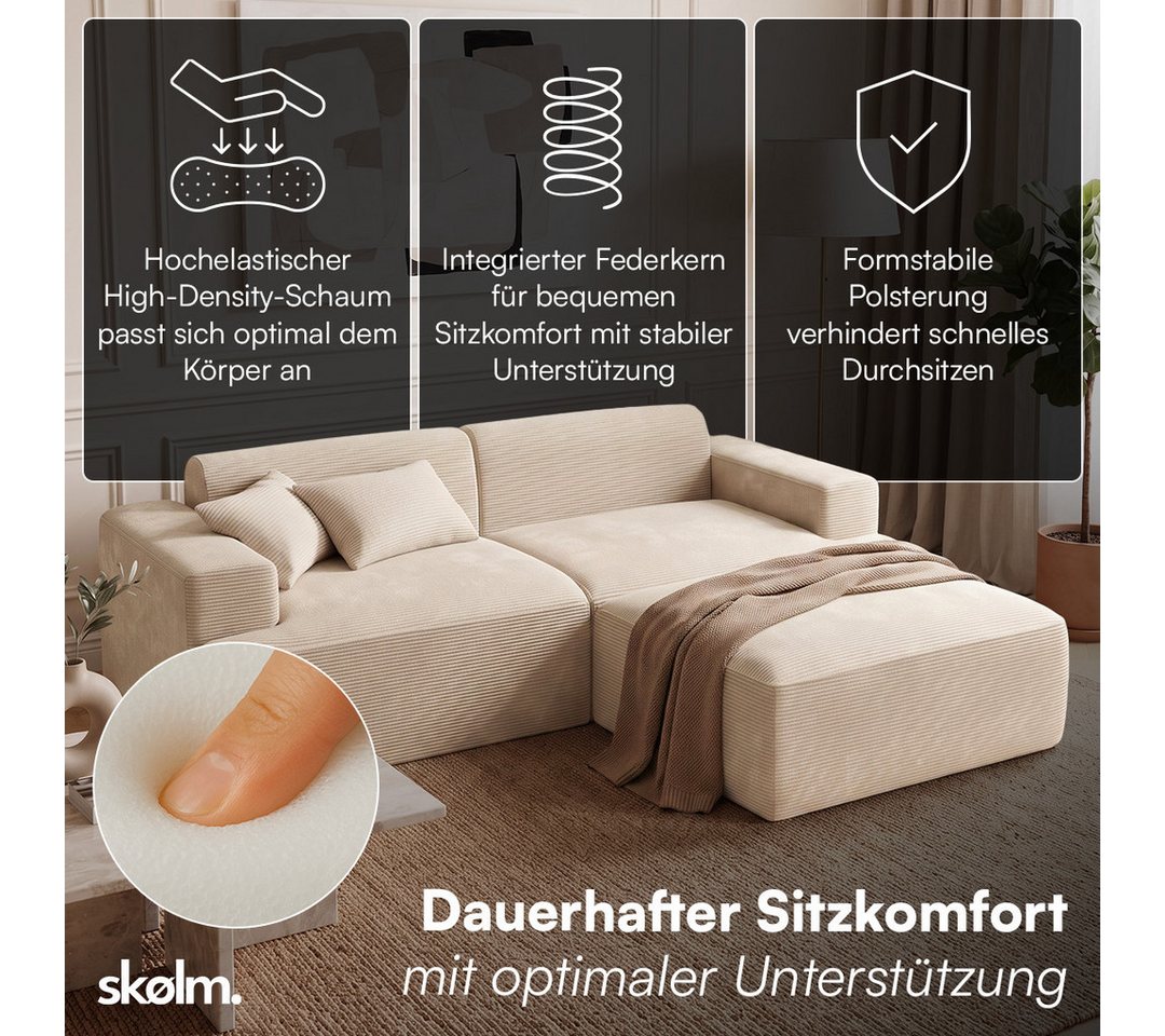 skølm Sofa Freki aus Cord, Vollschaumcouch mit Federkern und Vakuum-Kompression, Beige, Couch 2 Sitzer mit Hocker und 2 Kissen, kein Aufbau erforderlich, 230 cm – Bild 2 von 5