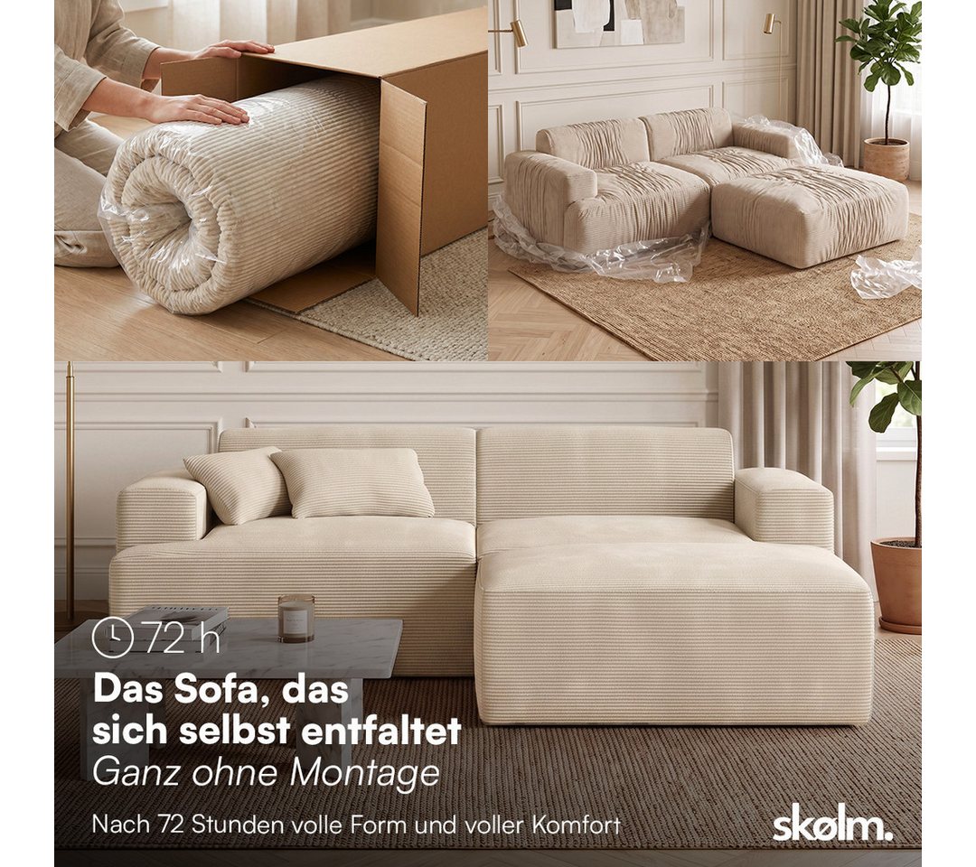 skølm Sofa Freki aus Cord, Vollschaumcouch mit Federkern und Vakuum-Kompression, Beige, Couch 2 Sitzer mit Hocker und 2 Kissen, kein Aufbau erforderlich, 230 cm – Bild 3 von 5
