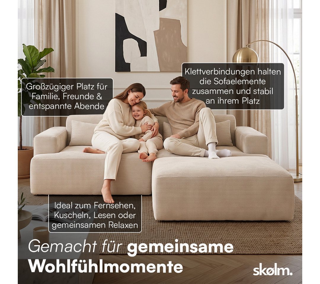 skølm Sofa Freki aus Cord, Vollschaumcouch mit Federkern und Vakuum-Kompression, Beige, Couch 2 Sitzer mit Hocker und 2 Kissen, kein Aufbau erforderlich, 230 cm – Bild 4 von 5