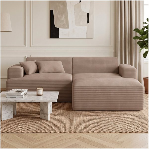 skølm Sofa Freki aus Cord, Vollschaumcouch mit Federkern und Vakuum-Kompression, Taupe, Couch 2 Sitzer mit Hocker und 2 Kissen, kein Aufbau erforderlich, 230 cm