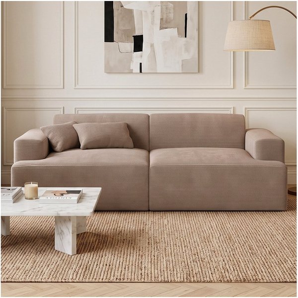 skølm Sofa Freki aus Cord, Vollschaumcouch mit Federkern und Vakuum-Kompression, Taupe, Couch 2 Sitzer mit 2 Kissen, kein Aufbau erforderlich, 230 cm breit, gep