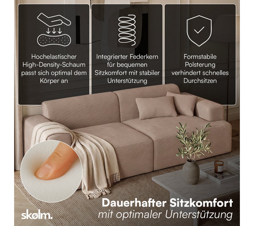skølm Sofa Freki aus Cord, Vollschaumcouch mit Federkern und Vakuum-Kompression, Taupe, Couch 2 Sitzer mit 2 Kissen, kein Aufbau erforderlich, 230 cm breit, gep – Bild 2 von 5