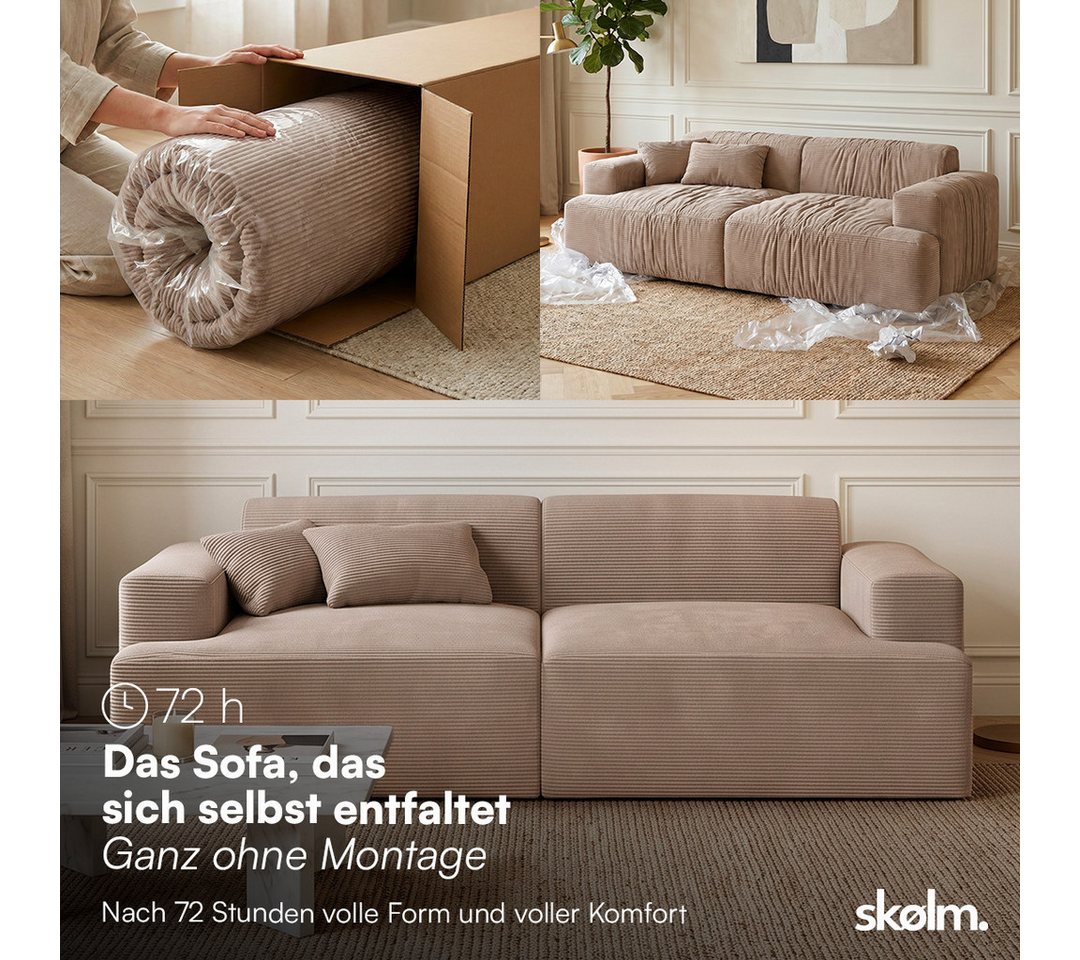 skølm Sofa Freki aus Cord, Vollschaumcouch mit Federkern und Vakuum-Kompression, Taupe, Couch 2 Sitzer mit 2 Kissen, kein Aufbau erforderlich, 230 cm breit, gep – Bild 3 von 5