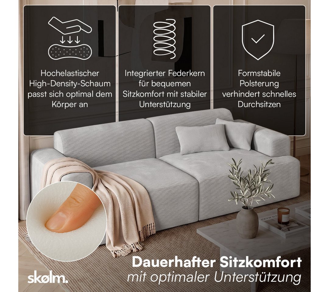 skølm Sofa Freki aus Cord, Vollschaumcouch mit Federkern und Vakuum-Kompression, Grau, Couch 2 Sitzer mit 2 Kissen, kein Aufbau erforderlich, 230 cm breit, gepo – Bild 2 von 5