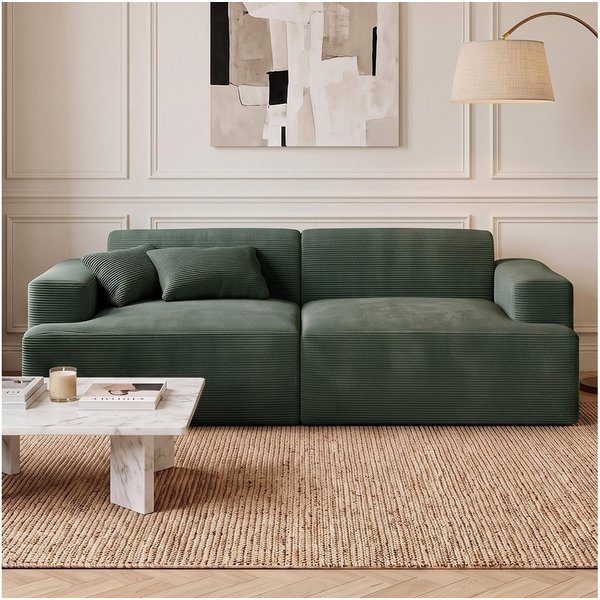 skølm Sofa Freki aus Cord, Vollschaumcouch mit Federkern und Vakuum-Kompression, Dunkelgrün, Couch 2 Sitzer mit 2 Kissen, kein Aufbau erforderlich, 230 cm breit