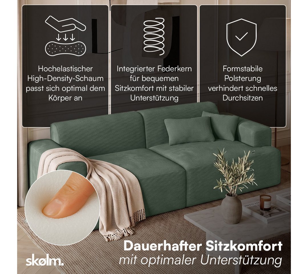 skølm Sofa Freki aus Cord, Vollschaumcouch mit Federkern und Vakuum-Kompression, Dunkelgrün, Couch 2 Sitzer mit 2 Kissen, kein Aufbau erforderlich, 230 cm breit – Bild 2 von 5