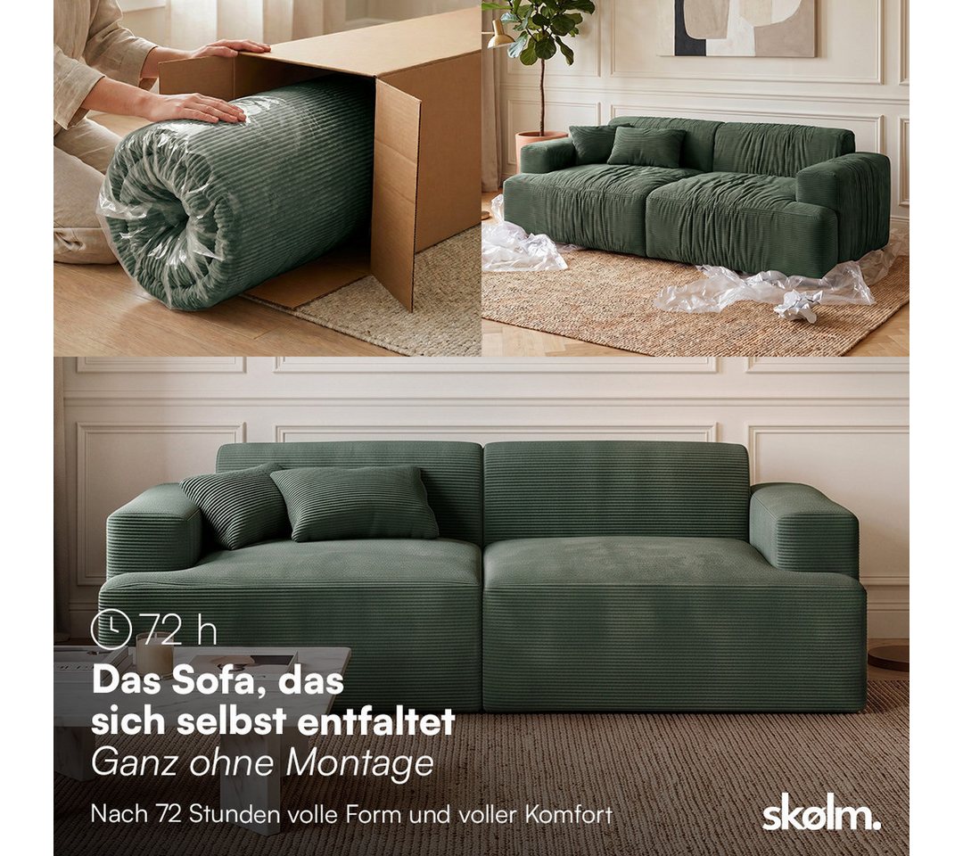 skølm Sofa Freki aus Cord, Vollschaumcouch mit Federkern und Vakuum-Kompression, Dunkelgrün, Couch 2 Sitzer mit 2 Kissen, kein Aufbau erforderlich, 230 cm breit – Bild 3 von 5