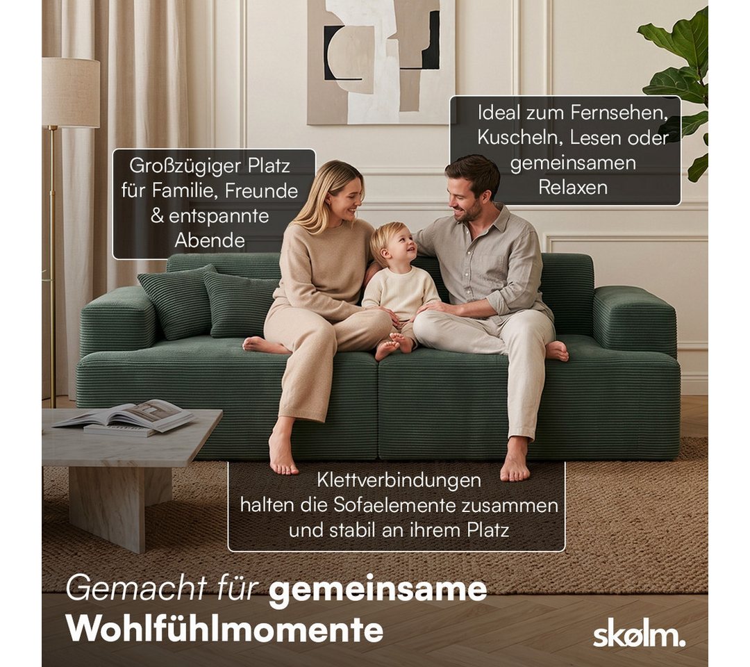 skølm Sofa Freki aus Cord, Vollschaumcouch mit Federkern und Vakuum-Kompression, Dunkelgrün, Couch 2 Sitzer mit 2 Kissen, kein Aufbau erforderlich, 230 cm breit – Bild 4 von 5