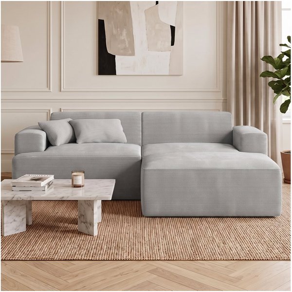 skølm Sofa Freki aus Cord, Vollschaumcouch mit Federkern und Vakuum-Kompression, Grau, Couch 2 Sitzer mit Hocker und 2 Kissen, kein Aufbau erforderlich, 230 cm 
