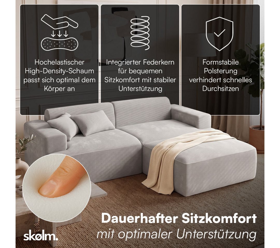 skølm Sofa Freki aus Cord, Vollschaumcouch mit Federkern und Vakuum-Kompression, Grau, Couch 2 Sitzer mit Hocker und 2 Kissen, kein Aufbau erforderlich, 230 cm  – Bild 2 von 5