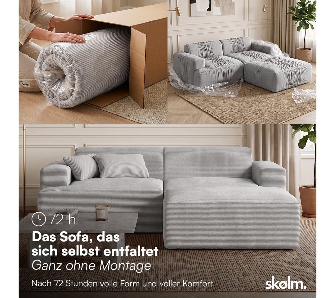 skølm Sofa Freki aus Cord, Vollschaumcouch mit Federkern und Vakuum-Kompression, Grau, Couch 2 Sitzer mit Hocker und 2 Kissen, kein Aufbau erforderlich, 230 cm  – Bild 3 von 5