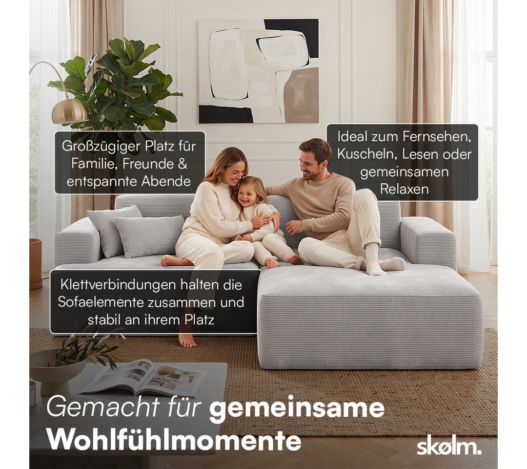 skølm Sofa Freki aus Cord, Vollschaumcouch mit Federkern und Vakuum-Kompression, Grau, Couch 2 Sitzer mit Hocker und 2 Kissen, kein Aufbau erforderlich, 230 cm  – Bild 4 von 5