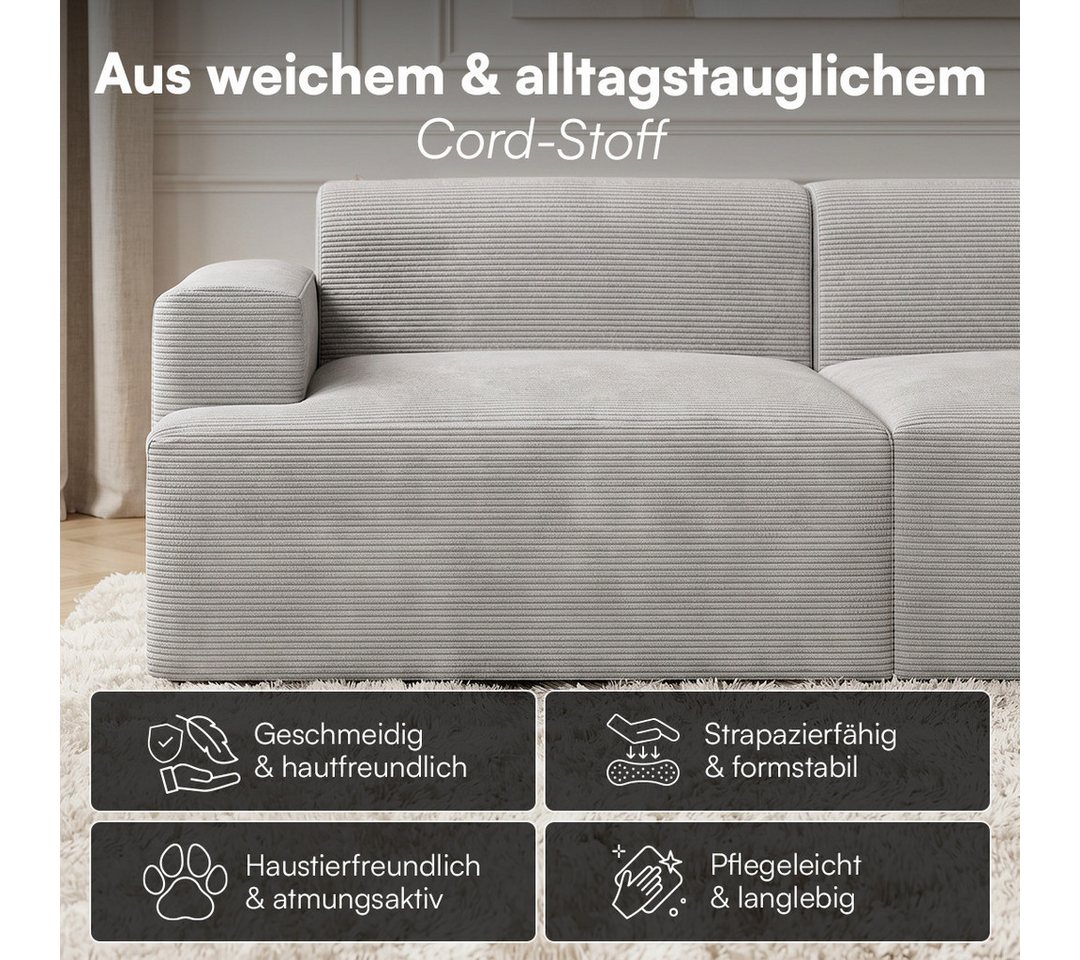 skølm Sofa Freki aus Cord, Vollschaumcouch mit Federkern und Vakuum-Kompression, Grau, Couch 2 Sitzer mit Hocker und 2 Kissen, kein Aufbau erforderlich, 230 cm  – Bild 5 von 5
