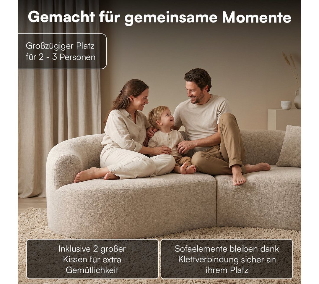 skølm Sofa Loki aus Teddy-Bouclé-Stoff, Vollschaumcouch mit Vakuum-Kompression, Beige, Couch 2 Sitzer mit 2 Kissen, kein Aufbau notwendig – Bild 2 von 5