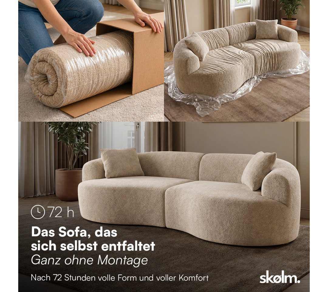skølm Sofa Loki aus Teddy-Bouclé-Stoff, Vollschaumcouch mit Vakuum-Kompression, Beige, Couch 2 Sitzer mit 2 Kissen, kein Aufbau notwendig – Bild 4 von 5
