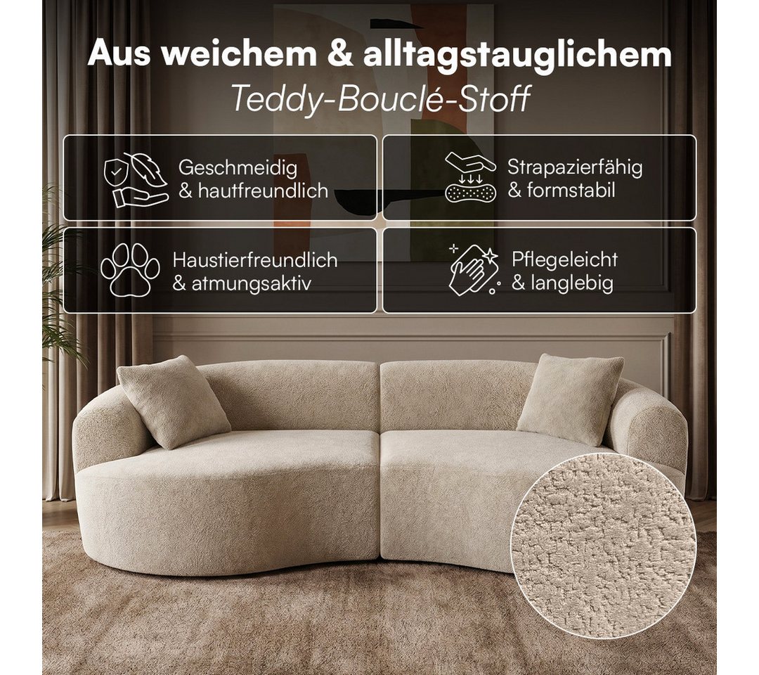 skølm Sofa Loki aus Teddy-Bouclé-Stoff, Vollschaumcouch mit Vakuum-Kompression, Beige, Couch 2 Sitzer mit 2 Kissen, kein Aufbau notwendig – Bild 5 von 5