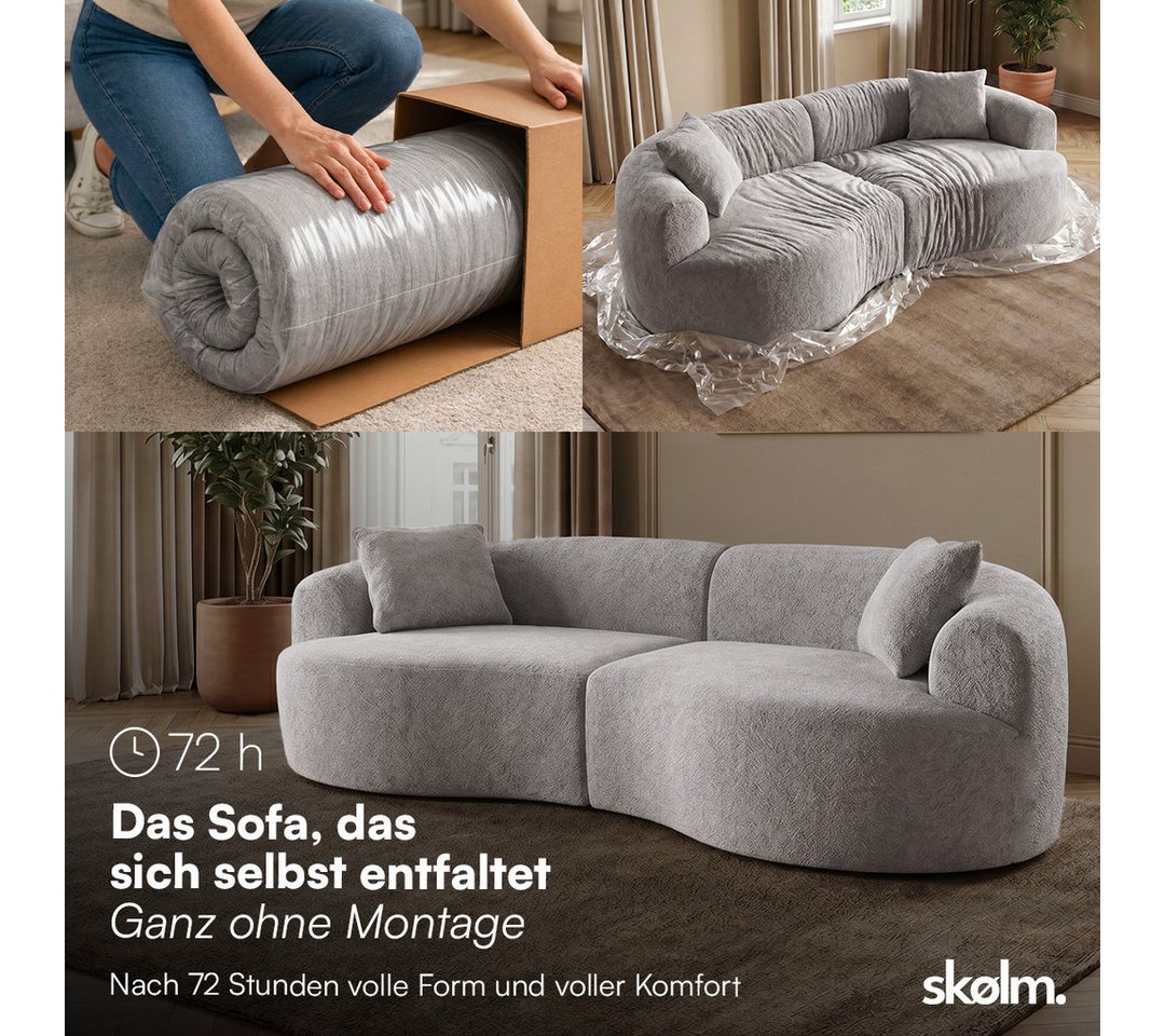 skølm Sofa Loki aus Teddy-Bouclé-Stoff, Vollschaumcouch mit Vakuum-Kompression, Grau, Couch 2 Sitzer mit 2 Kissen, kein Aufbau notwendig – Bild 3 von 5