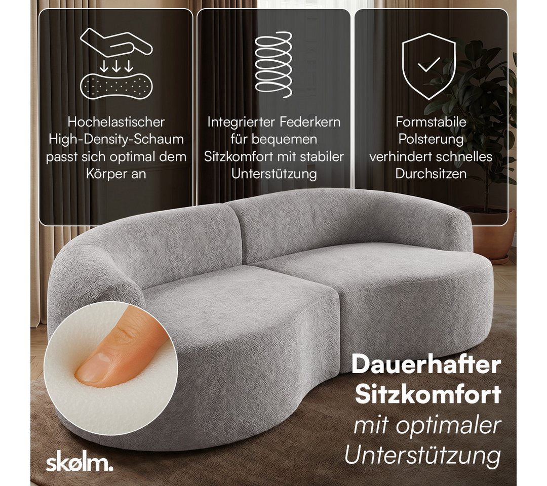 skølm Sofa Loki aus Teddy-Bouclé-Stoff, Vollschaumcouch mit Vakuum-Kompression, Grau, Couch 2 Sitzer mit 2 Kissen, kein Aufbau notwendig – Bild 4 von 5