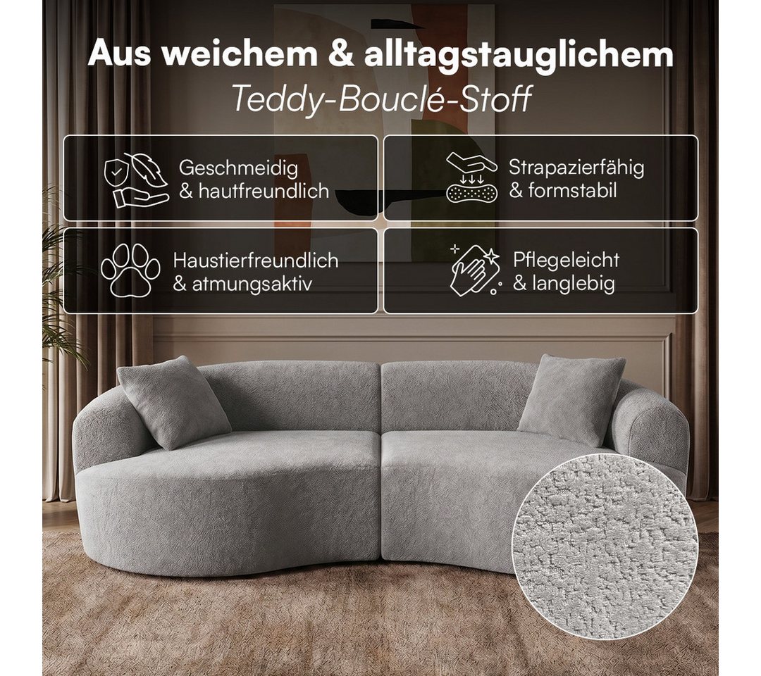 skølm Sofa Loki aus Teddy-Bouclé-Stoff, Vollschaumcouch mit Vakuum-Kompression, Grau, Couch 2 Sitzer mit 2 Kissen, kein Aufbau notwendig – Bild 5 von 5
