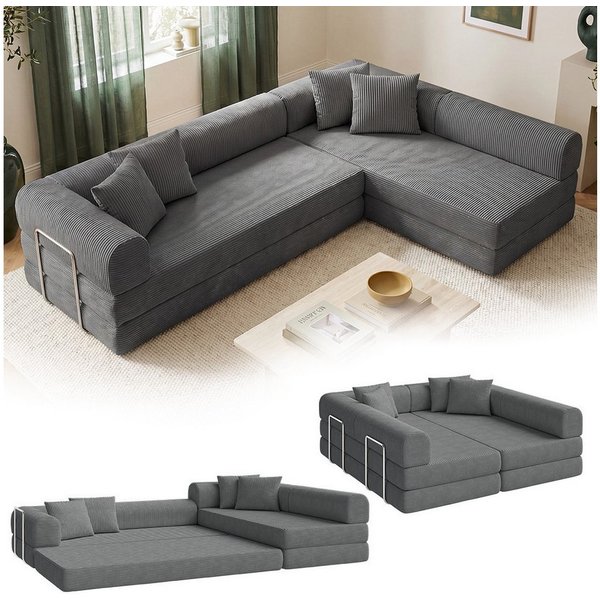 skølm Sofa & Sessel Lofn aus Vollschaum Cord, umwandelbar zum Schlafsofa/-Sessel, Dunkelgrau, Ecksofa 300 cm breit, 4 Sitzer, kein Aufbau erforderlich, vakuumie