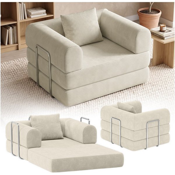 skølm Sofa & Sessel Lofn aus Vollschaum Cord, umwandelbar zum Schlafsofa/-Sessel, Beige, Cordsessel 115cm breit, 1 Sitzer, kein Aufbau erforderlich, vakuumiert