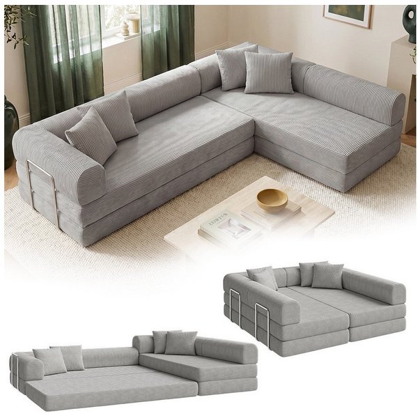 skølm Sofa & Sessel Lofn aus Vollschaum Cord, umwandelbar zum Schlafsofa/-Sessel, Hellgrau, Ecksofa 300 cm breit, 4 Sitzer, kein Aufbau erforderlich, vakuumiert