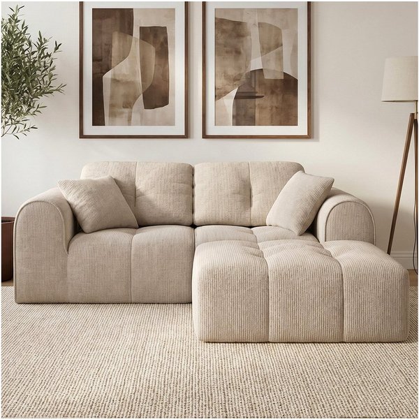 skølm Sofa Vanaheim, Vollschaumcouch gepolstert, Couch vakuumiert verpackt, Couch 2 Sitzer mit Hocker & 2 Kissen, beige, kein Aufbau erforderlich