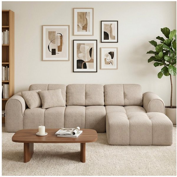 skølm Sofa Vanaheim, Vollschaumcouch gepolstert, Couch vakuumiert verpackt, Couch 3 Sitzer mit Hocker & 2 Kissen, beige, kein Aufbau erforderlich