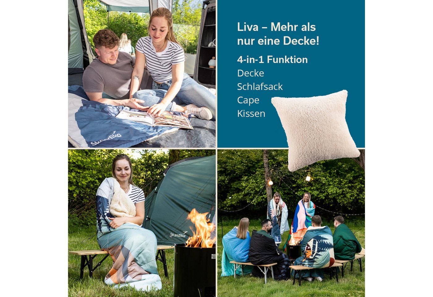 Skandika Deckenschlafsack Campingdecke Liva, 4-in-1, Outdoor Decke, 200x135cm, Überwurf, Kissen, mit Teddyfell Unterseite, Polyester, wasserdicht – Bild 2 von 5