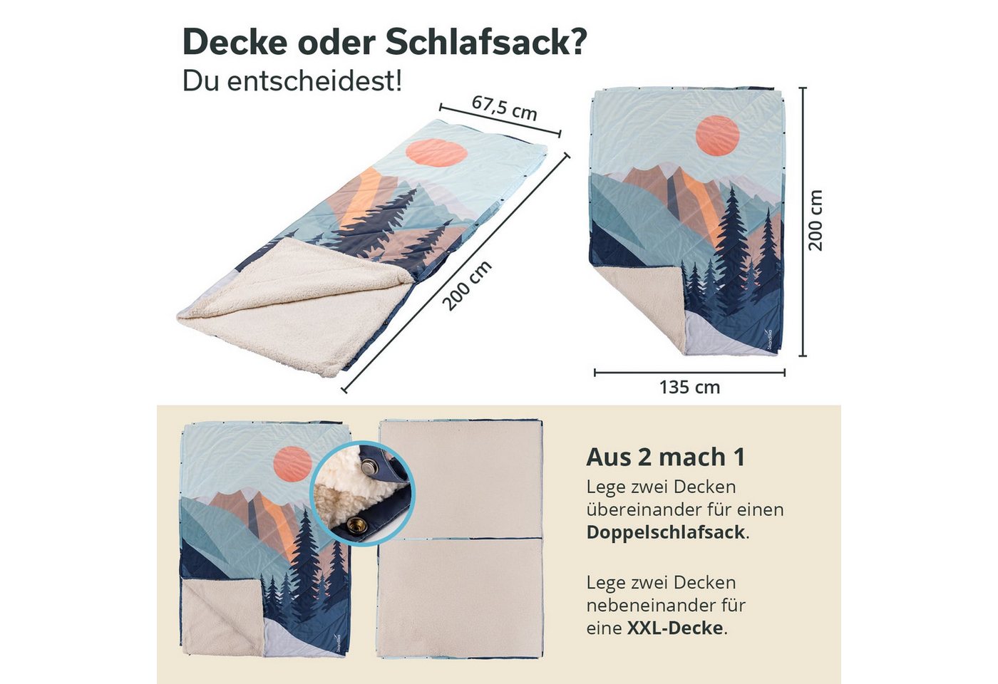 Skandika Deckenschlafsack Campingdecke Liva, 4-in-1, Outdoor Decke, 200x135cm, Überwurf, Kissen, mit Teddyfell Unterseite, Polyester, wasserdicht – Bild 4 von 5