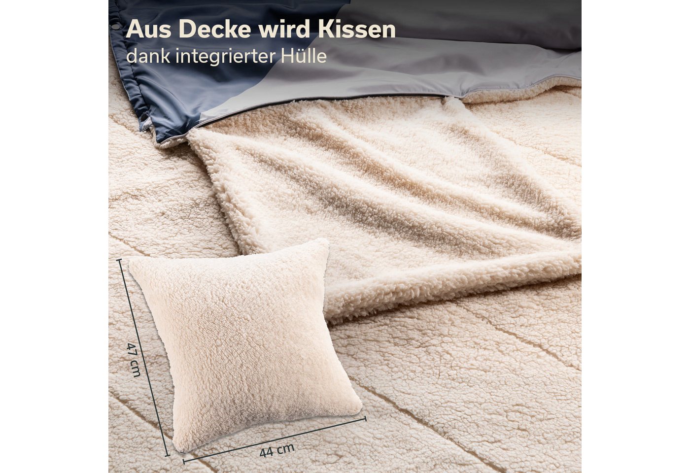 Skandika Deckenschlafsack Campingdecke Liva, 4-in-1, Outdoor Decke, 200x135cm, Überwurf, Kissen, mit Teddyfell Unterseite, Polyester, wasserdicht – Bild 5 von 5