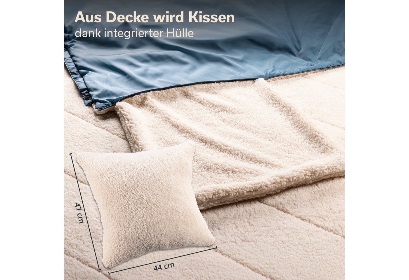 Skandika Deckenschlafsack Campingdecke Liva, 4-in-1, Outdoor Decke, 200x135cm, Überwurf, Kissen, mit Teddyfell Unterseite, Polyester, wasserdicht – Bild 5 von 5