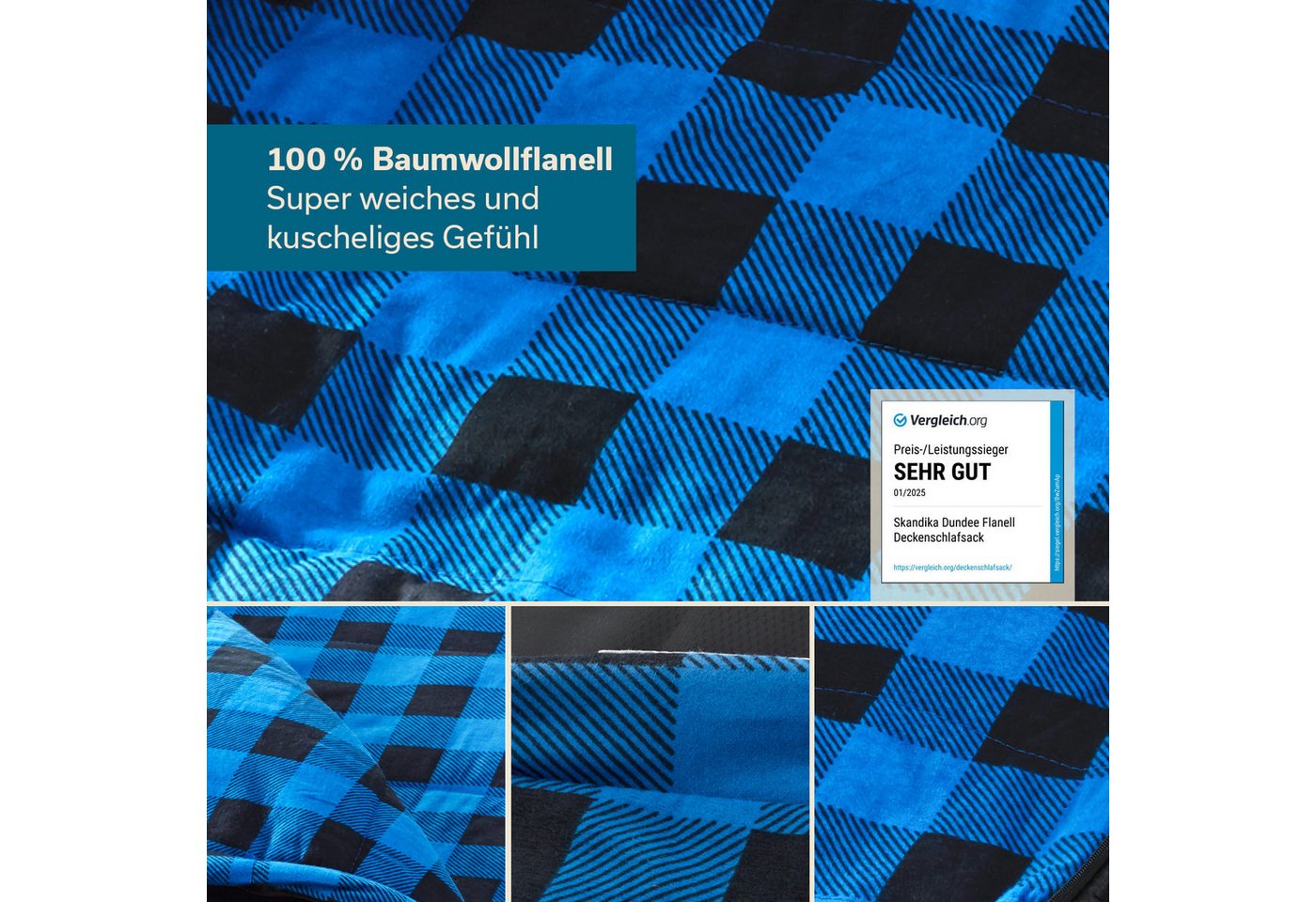 Skandika Deckenschlafsack Dundee Baumwollflanell, Koppelbar, Kopfteil mit Kordel (Reißverschluss mit Webband-Klemmschutz, Innentasche mit Klett), 3 Jahreszeiten – Bild 2 von 5
