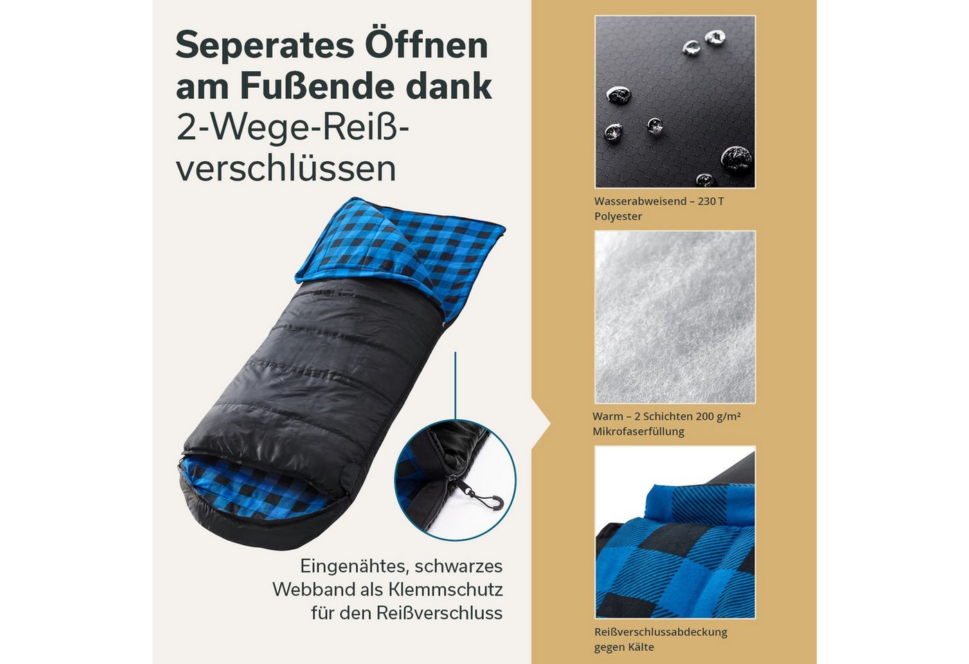 Skandika Deckenschlafsack Dundee Baumwollflanell, Koppelbar, Kopfteil mit Kordel (Reißverschluss mit Webband-Klemmschutz, Innentasche mit Klett), 3 Jahreszeiten – Bild 3 von 5