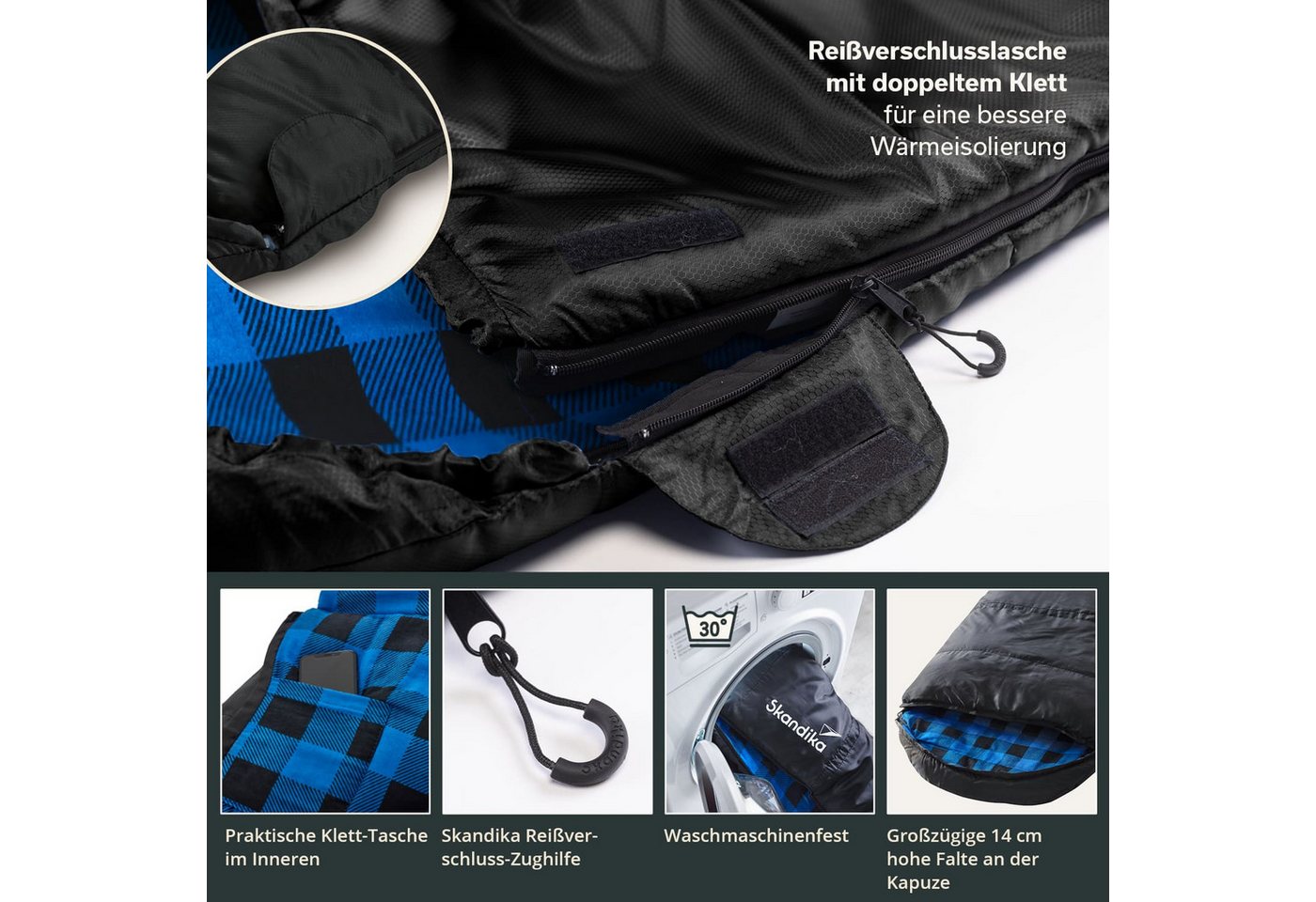 Skandika Deckenschlafsack Dundee Baumwollflanell, Koppelbar, Kopfteil mit Kordel (Reißverschluss mit Webband-Klemmschutz, Innentasche mit Klett), 3 Jahreszeiten – Bild 4 von 5
