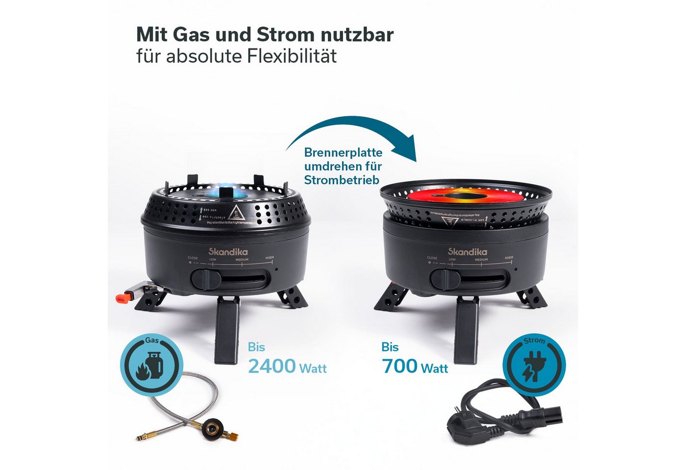 Skandika Gaskocher Campingkocher Rask, mit Geschirr, Topf und Pfanne, Piezozündung, (gepolsterten Netzbeutel, Kocher mit einklappbaren Füßen), Camping Kocher Hy – Bild 2 von 5