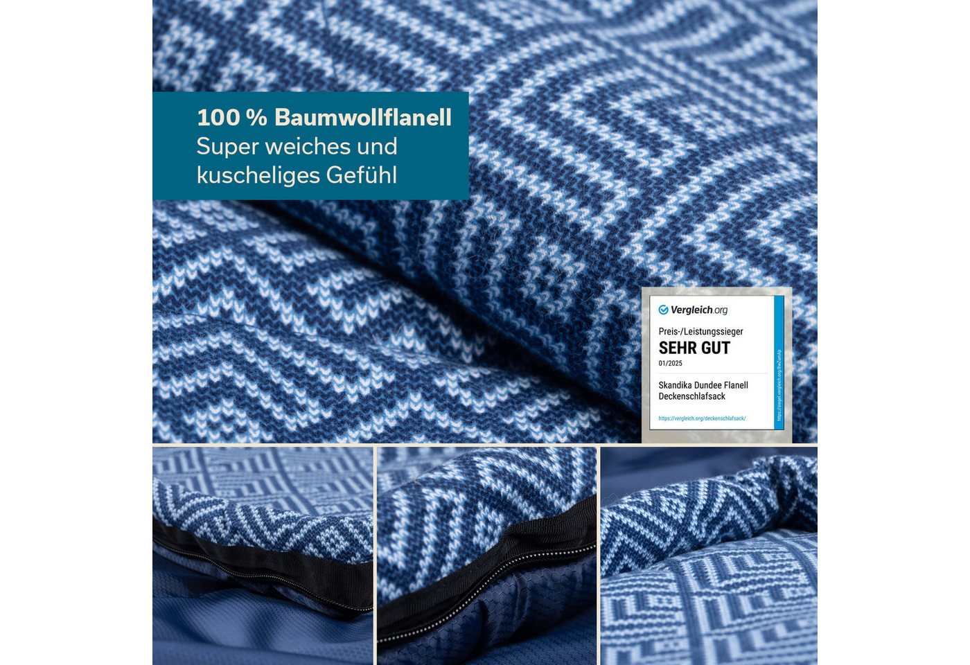 Skandika Kinderschlafsack Dundee Junior, 2-Wege Reißverschluss, Innentasche mit Klett, Packsack (Wärmeisolierender Stoffsteg gegen Kältebrücke), Baumwollflanell – Bild 2 von 5