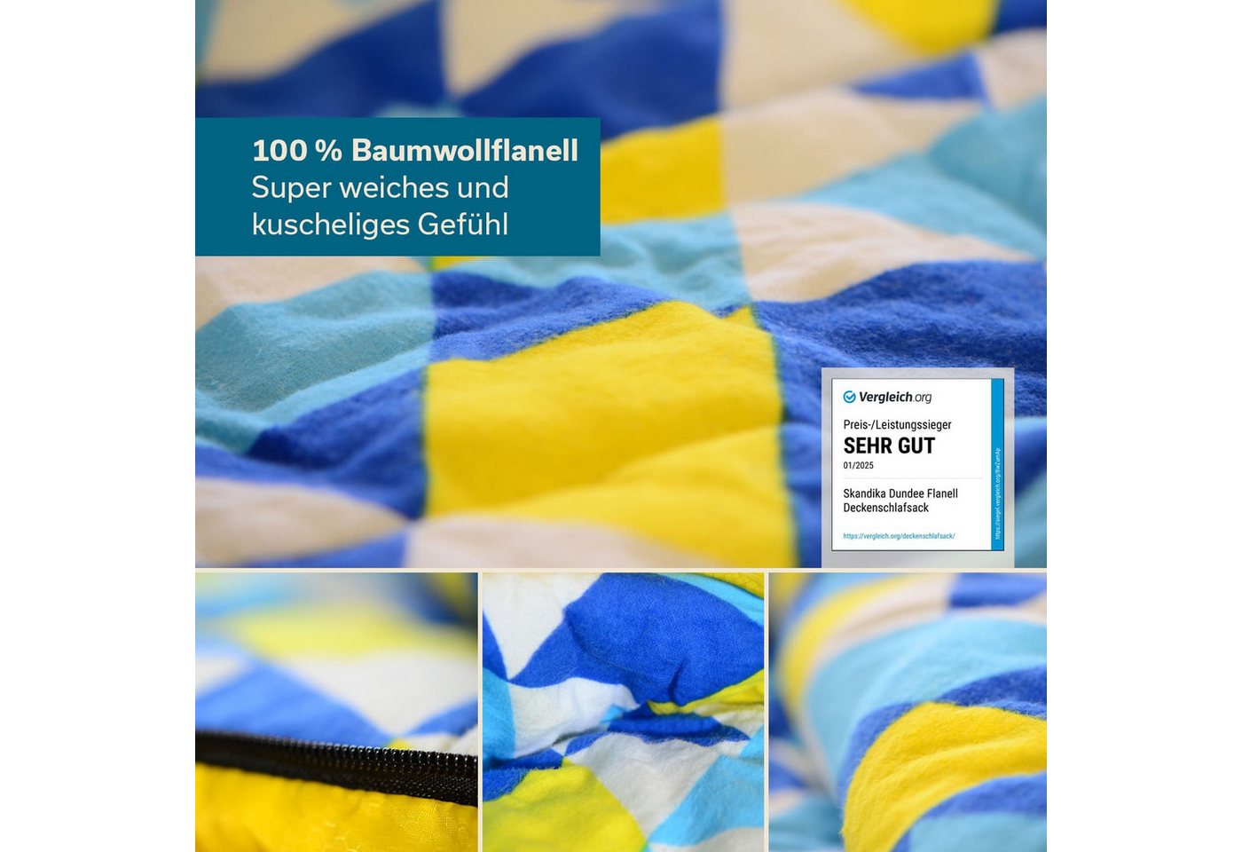 Skandika Kinderschlafsack Dundee Junior, 2-Wege Reißverschluss, Innentasche mit Klett, Packsack (Wärmeisolierender Stoffsteg gegen Kältebrücke), Baumwollflanell – Bild 2 von 5