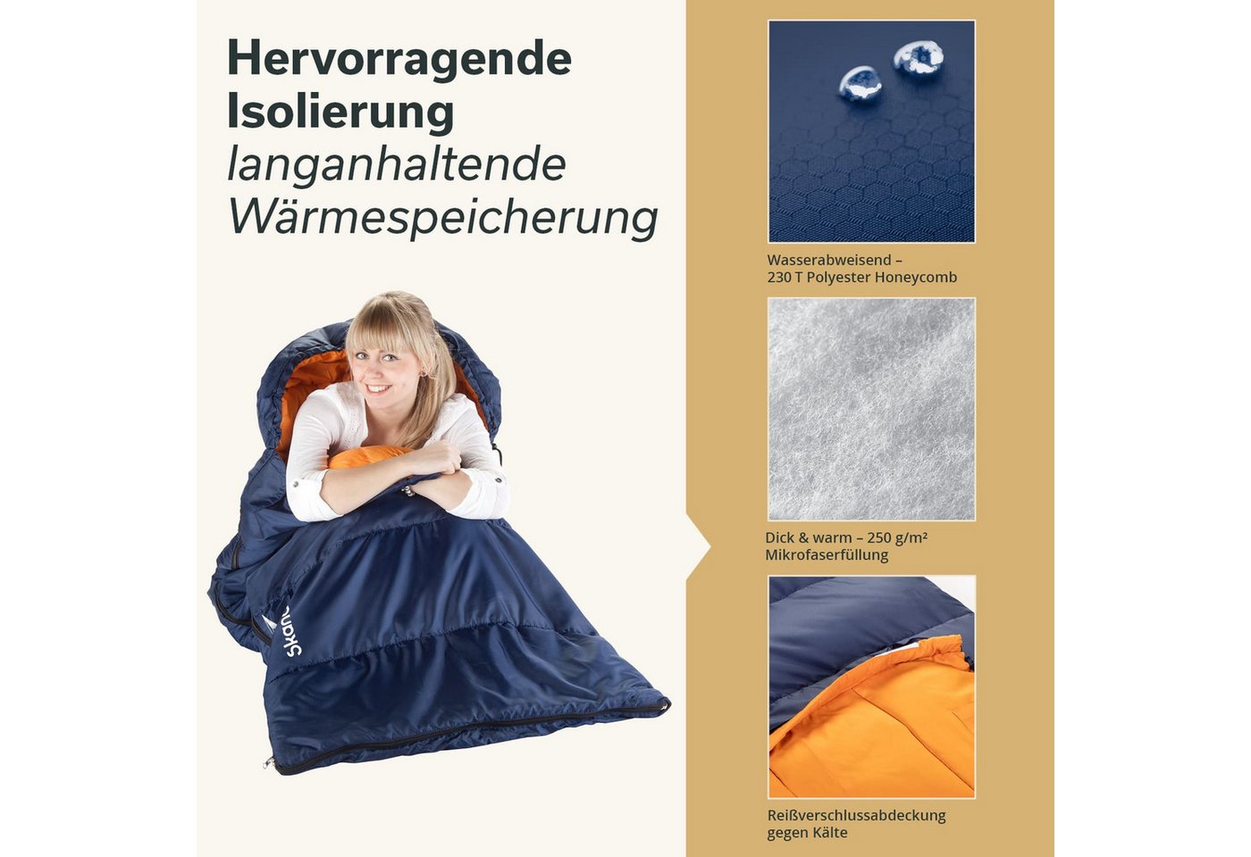 Skandika Schlafsack Iceland, Polycotton, atmungsaktiv, Innentasche mit Klett (2-Wege-Reißverschluss mit Kälteschutz, Stoffsteg, Webbandklemmschutz), 3 Jahreszei – Bild 2 von 5