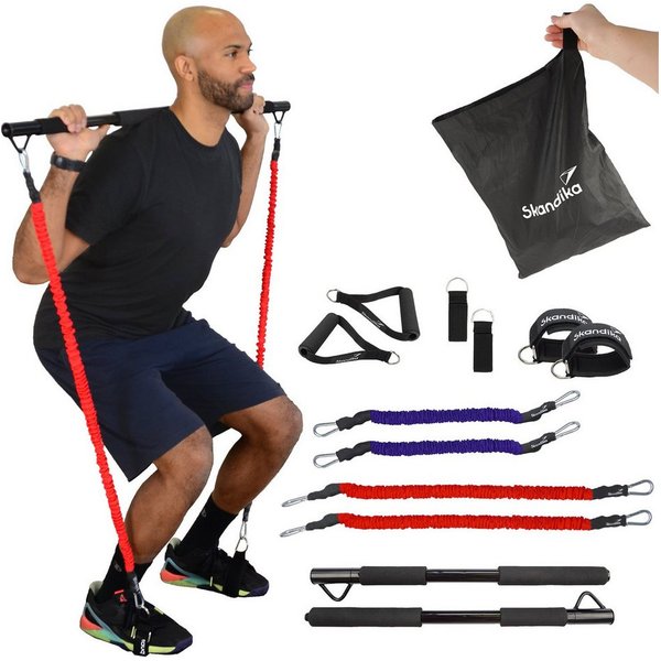 Skandika Trainingsbänder Multi-Widerstandsbänder mit Stange, Pilates Bar mit Resistance Bands, Krafttraining, 3 Widerstandsstufen, Online Trainingsguide,viel Zu