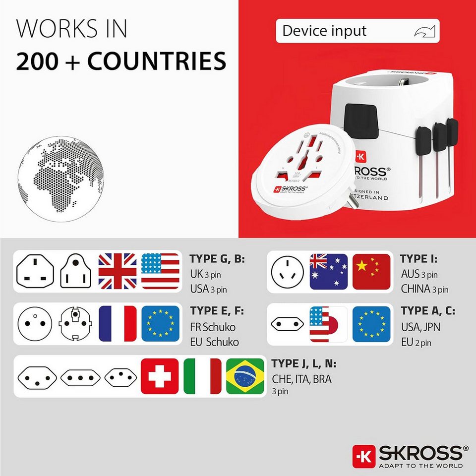 SKROSS PRO Light-World Universal Reiseadapter Für 2- oder 3-polige Steckdosen Reiseadapter, Für mehr als 200 Länder - Maximale Leistung 1535 Watt – Bild 3 von 5