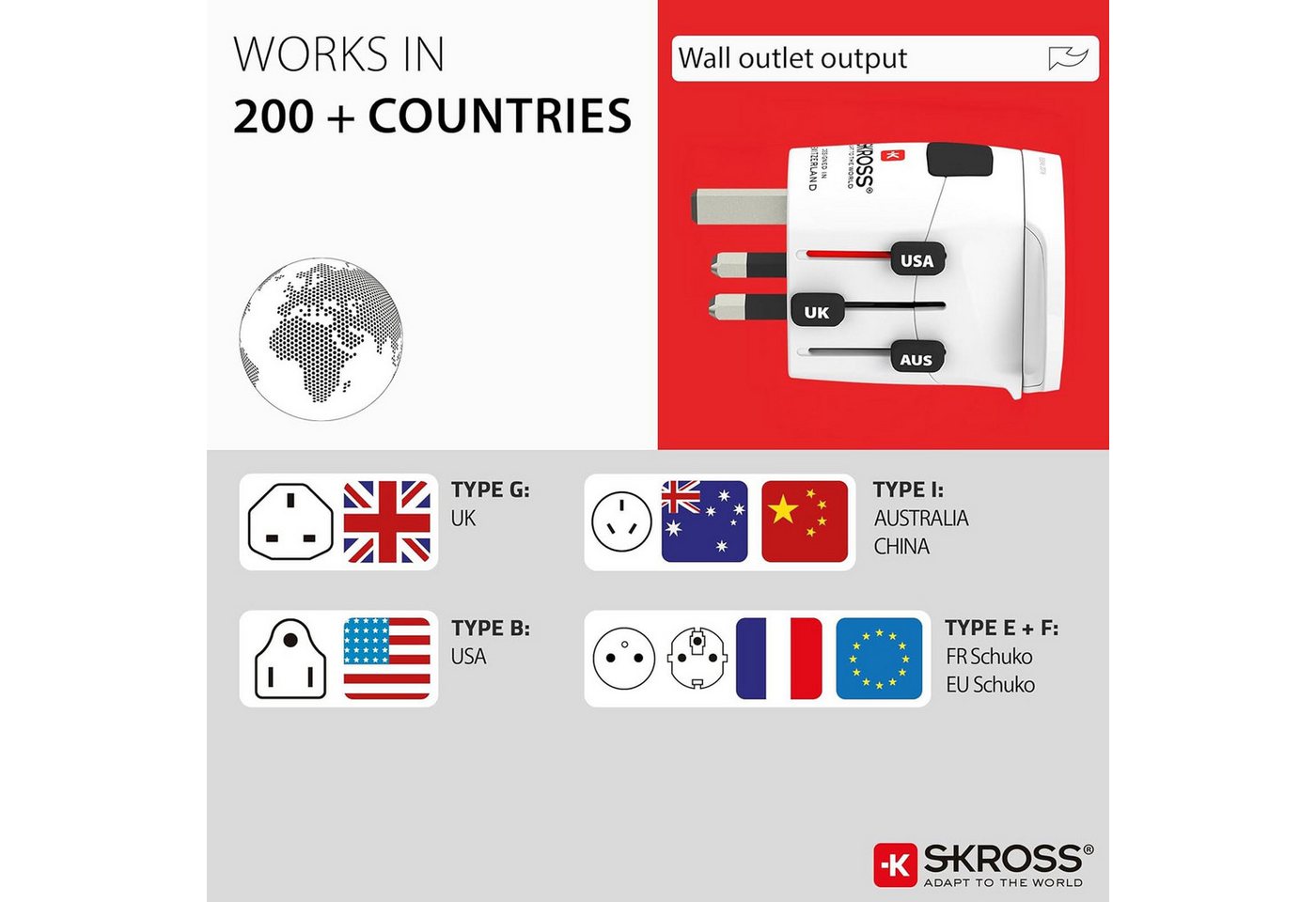 SKROSS PRO Light-World Universal Reiseadapter Für 2- oder 3-polige Steckdosen Reiseadapter, Für mehr als 200 Länder - Maximale Leistung 1535 Watt – Bild 4 von 5