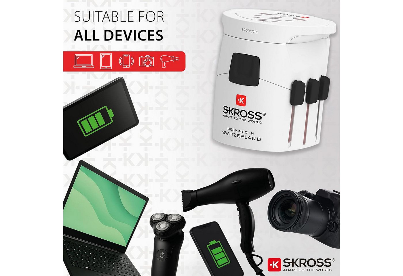 SKROSS PRO Light-World Universal Reiseadapter Für 2- oder 3-polige Steckdosen Reiseadapter, Für mehr als 200 Länder - Maximale Leistung 1535 Watt – Bild 5 von 5