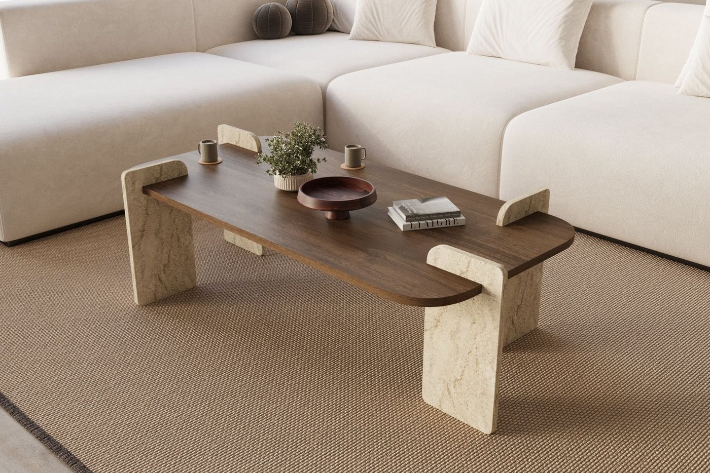 Skye Decor Couchtisch Siam Leapiri (Packung, 1 Tisch), Japandi Deko,Briete 120, Rechteckige Bauform, Travertin Walnuss – Bild 2 von 5