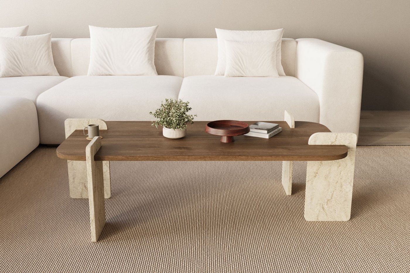 Skye Decor Couchtisch Siam Leapiri (Packung, 1 Tisch), Japandi Deko,Briete 120, Rechteckige Bauform, Travertin Walnuss – Bild 3 von 5
