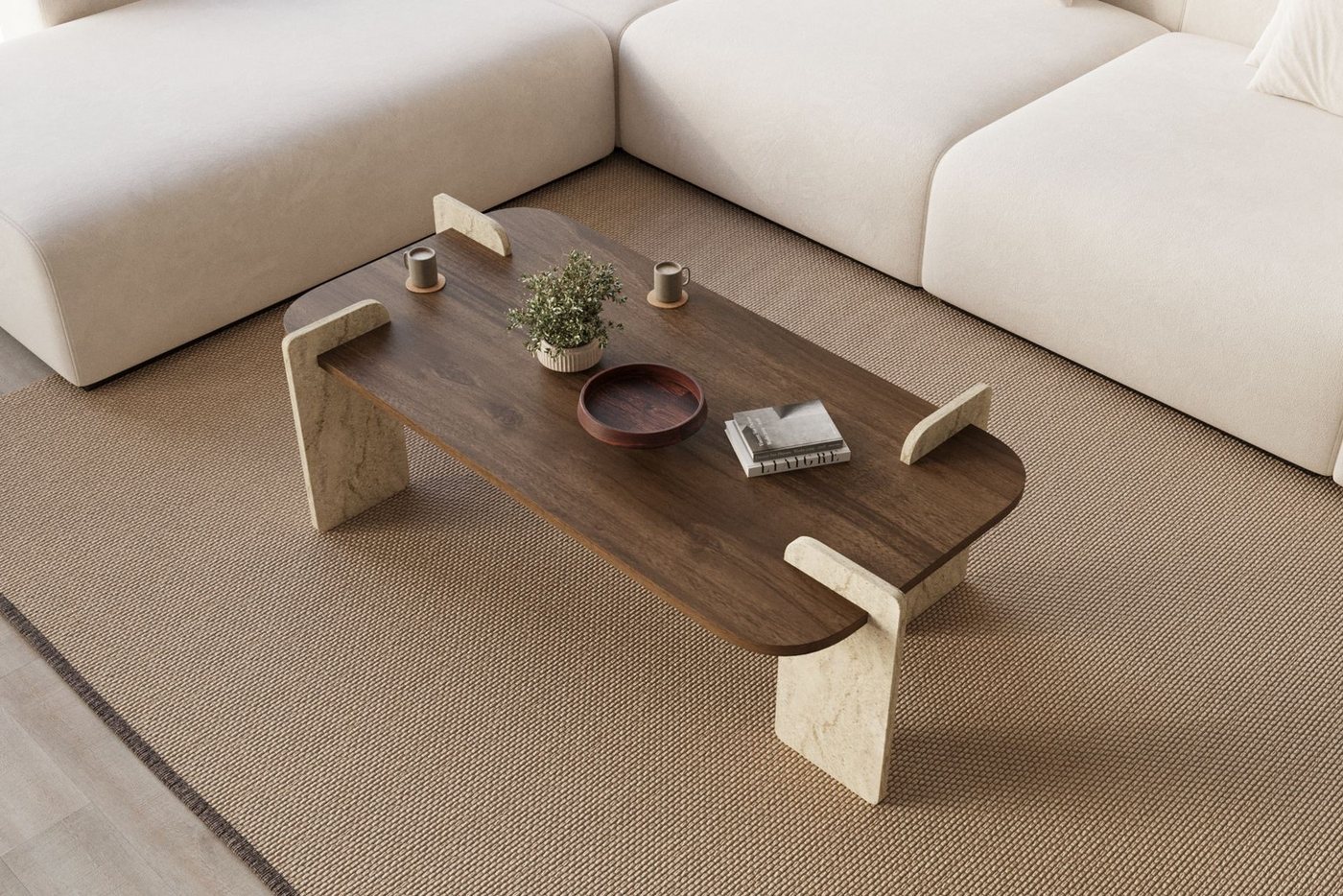 Skye Decor Couchtisch Siam Leapiri (Packung, 1 Tisch), Japandi Deko,Briete 120, Rechteckige Bauform, Travertin Walnuss – Bild 4 von 5
